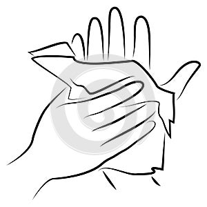 Rub your hands with a clean towel. Hygienic procedure. Disease prevention, good for health. Vector illustration.