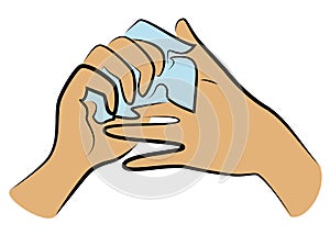 Rub your hands with a clean towel. Hygienic procedure. Disease prevention, good for health. Vector illustration