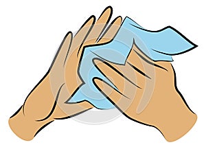 Rub your hands with a clean towel. Hygienic procedure. Disease prevention, good for health. Vector illustration