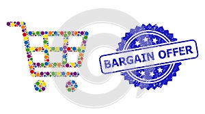 Rubber Bargain Offer Stamp Seal and Multicolored Collage Shopping Cart