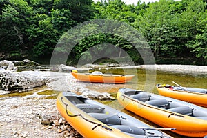 Rubber boats to transport tourists in Martvili canyon