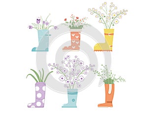 Rubber boot with flowers bouquet. Gardening spring beauty set. Vector illustration floral