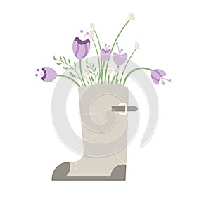 Rubber boot with flowers bouquet. Gardening summer beauty composition. Vector illustration isolated