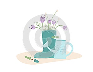 Rubber boot with flowers bouquet, watering can and gardening tools. Vector illustration isolated on white background