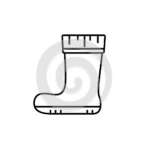 Rubber boot. Linear icon of autumn shoes for rainy weather, gardening, fishing. Black simple illustration of protection of feet