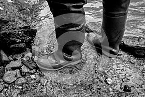 Rubber boots, aquarell painted photo, black and white