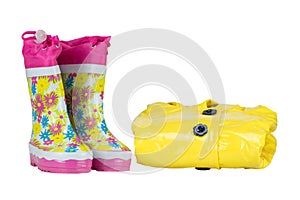 Rubber boots and elegance rain jacket yellow for girl. white isolated.