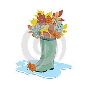 Rubber boots full of autumn leaves, standing in a puddle of water after rain, vector illustration