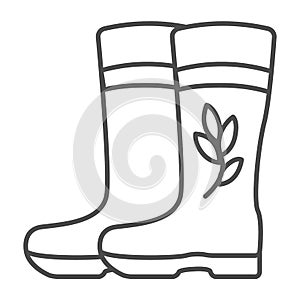 Rubber boots for garden with flower and leaf thin line icon, gardening concept, rain boots vector sign on white