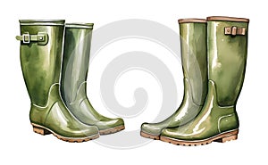 Rubber boots, garden watercolor clipart illustration with isolated background