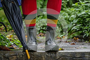 rubber boots with hiking socks peeking, umbrella aside