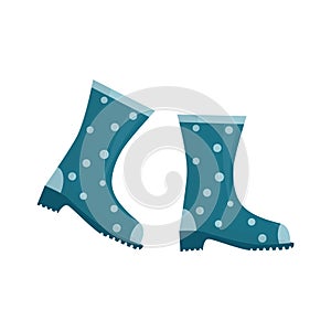 Rubber boots for rainy weather, gardening. fishing. Waterproof shoes wth blue polka dots. Autumn symbol. Gumboots flat isolated