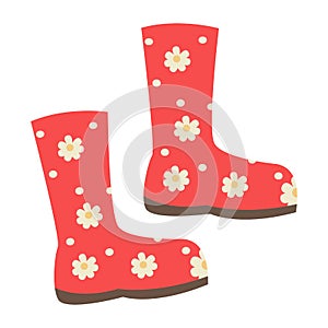 rubber boots in red with daisy flowers. Vector. Waterproof shoes for rainy weather, gardening, fishing. Cartoon colorful