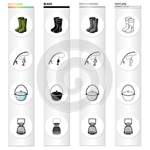 Rubber boots, spinning for fishing, bowler, fish tank. Fishing set collection icons in cartoon black monochrome outline