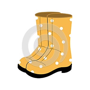 Rubber boots yellow color icon with polka dots. Shoes for garden, farm isolated on white background. Flat vector illustration