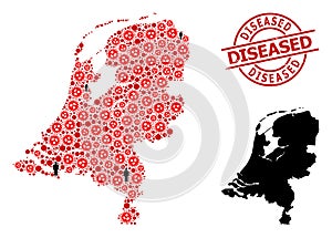 Rubber Diseased Badge and People with SARS Virus Collage Map of Netherlands