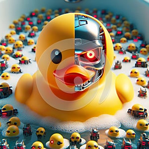 A rubber duck as a robot with a terminator face underneath the rubber shell