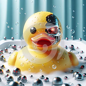 A rubber duck as a robot with a terminator face underneath the rubber shell