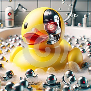 A rubber duck as a robot with a terminator face underneath the rubber shell