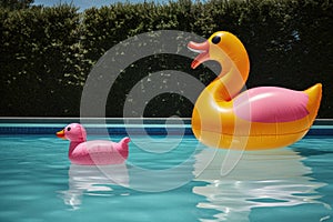 a rubber duck floating next to a pool float in the shape of a flamingo