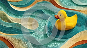 Rubber duck floating on stylized wavy patterned surface