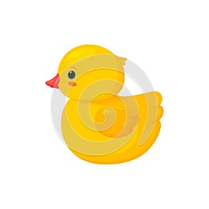 Rubber duck isolated in white background. Side view of yellow plastic duckling toy with shades. Vector illustration