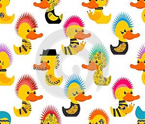 Rubber duck punk pattern seamless. Toy yellow duck punks background. Mohawk and tattoo. Anarchy and piercing texture