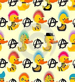 Rubber duck punk pattern seamless. Toy yellow duck punks background. Mohawk and tattoo. Anarchy and piercing texture