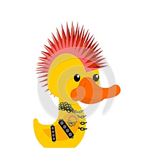 Rubber duck punk. Toy yellow duck punk. Mohawk and tattoo. Anarchy and piercing