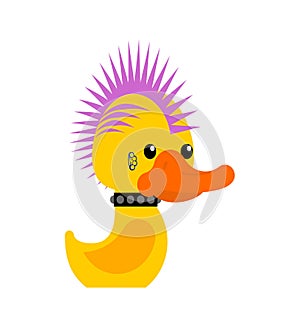 Rubber duck punk. Toy yellow duck punk. Mohawk and tattoo. Anarchy and piercing