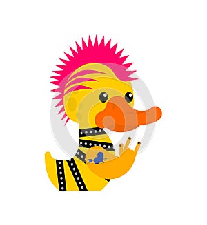 Rubber duck punk. Toy yellow duck punk. Mohawk and tattoo. Anarchy and piercing