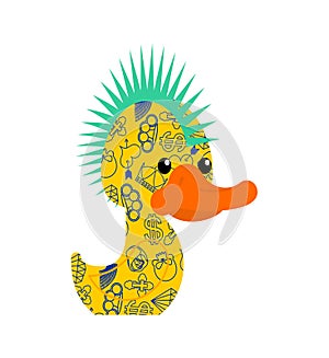 Rubber duck punk. Toy yellow duck punk. Mohawk and tattoo. Anarchy and piercing