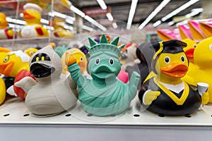 rubber duck in the shape of the Statue of Liberty among other rubber ducks