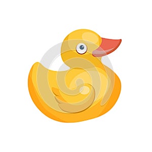 Rubber duck vector flat illustration isolated on white background. Yellow duck toy for children games.