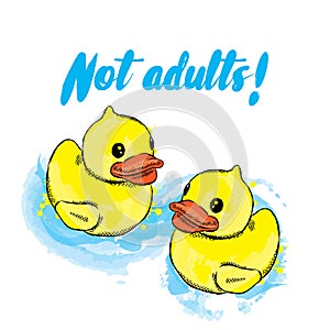Rubber duck in the vector. Illustration for postcards, posters or print on clothes. Children`s drawing.