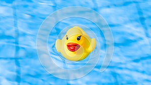 Rubber duck water. Funny kids inflatable toy float in blue water of summer pool. Float party minimal concept