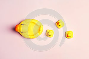 Rubber ducks family on a pink background. Baby rubber duckling follow the mother duck