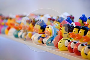 Rubber ducks on a shelf