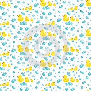 Rubber ducks in soap bubbles. Seamless pattern.