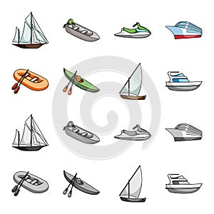 A rubber fishing boat, a kayak with oars, a fishing schooner, a motor yacht.Ships and water transport set collection