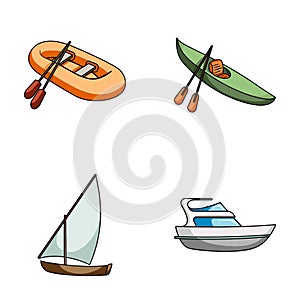 A rubber fishing boat, a kayak with oars, a fishing schooner, a motor yacht.Ships and water transport set collection