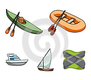 A rubber fishing boat, a kayak with oars, a fishing schooner, a motor yacht.Ships and water transport set collection