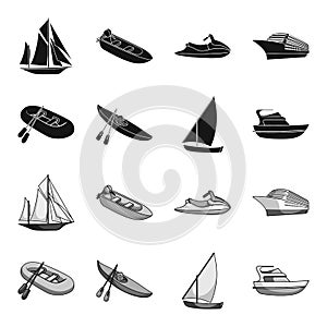 A rubber fishing boat, a kayak with oars, a fishing schooner, a motor yacht.Ships and water transport set collection