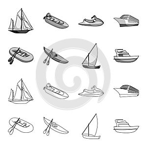 A rubber fishing boat, a kayak with oars, a fishing schooner, a motor yacht.Ships and water transport set collection