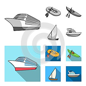 A rubber fishing boat, a kayak with oars, a fishing schooner, a motor yacht.Ships and water transport set collection