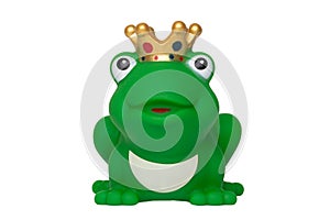 Rubber frog toys. Funny cute rubber green frog king or frog prince toy isolated on a white background. Macro