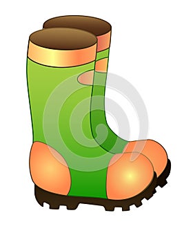 Rubber garden waterproof boots. Rubber boots for walking in the rain of green and orange on a thick non-slip sole - vector