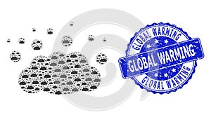 Rubber Global Warming Round Stamp and Recursive Cloud Emission Icon Mosaic