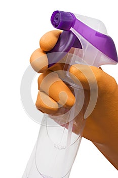 rubber glove holding a bottle of cleanser