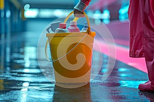 A rubber-gloved hand holds an empty plastic bucket on a colored background